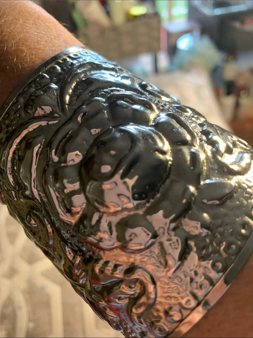 Wide Vintage Floral Cuff Bracelet Silver Tone